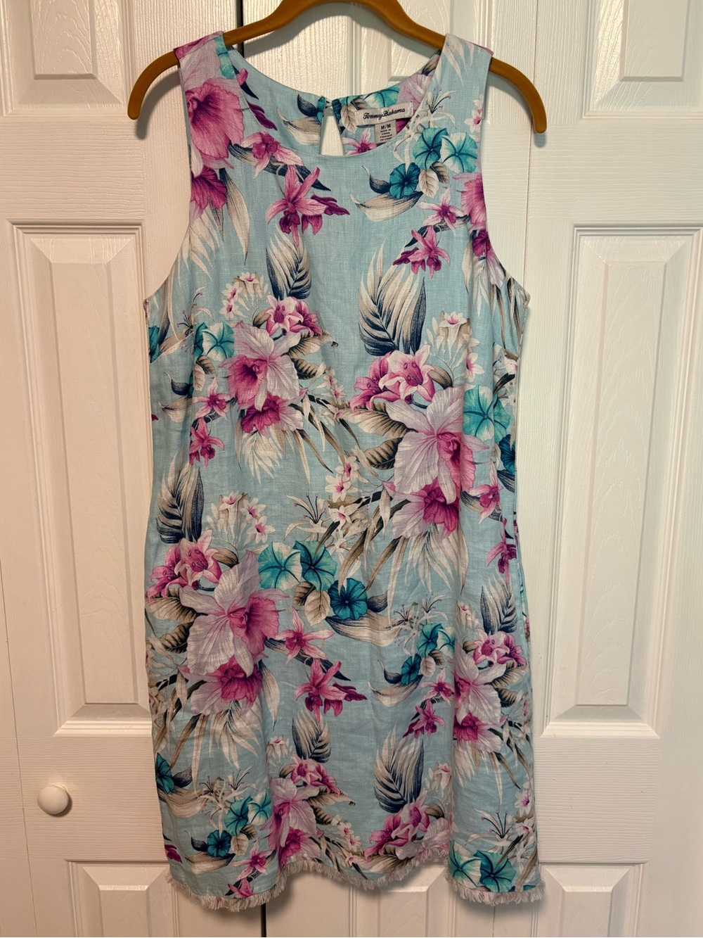 Tommy Bahama 100% Linen Floral Dress with Raw Edge Hemline - Light Blue & Pink